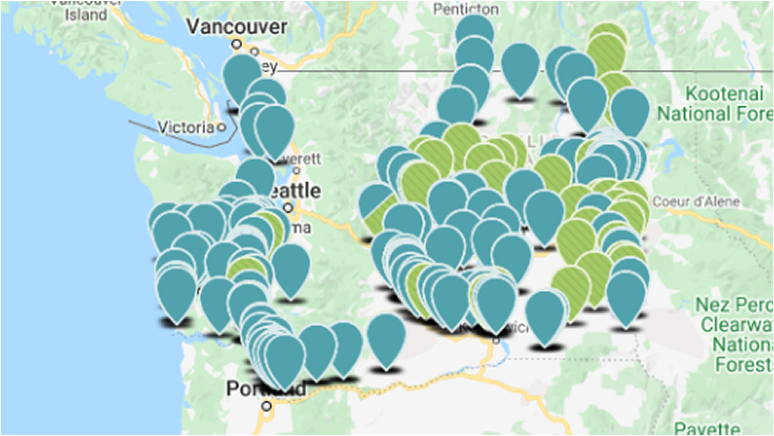 Map illustration of Washington state with drop points.