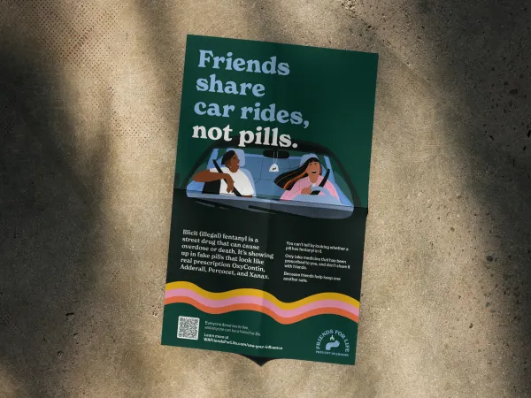 Poster with two people in a car and information about not sharing pills