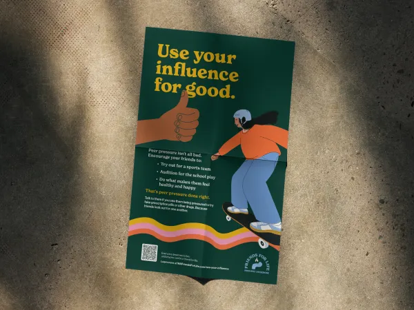 Poster with a kid on a skateboard with an orange shirt and a hand giving the thumb's up