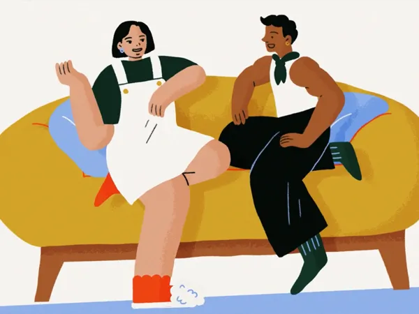 Illustration of two people talking and sitting on a yellow couch.